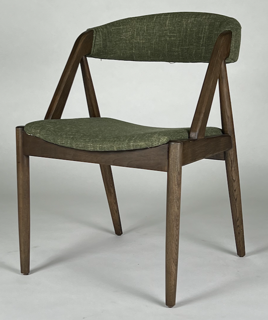 Mid century styling, round back dining chair, green tweedy fabric, brown wood frame