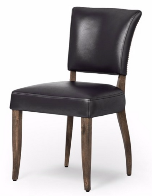 Black leather dining chair with brown legs and nail head trim