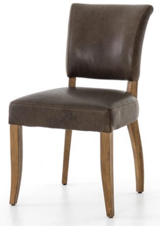 Brown leather dining chair with brown legs and nail head trim