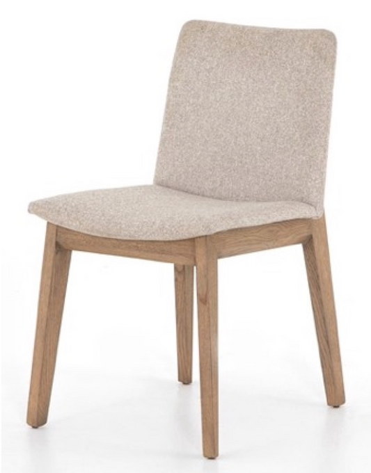 Natural wood frame dining chair with light tan upholstery