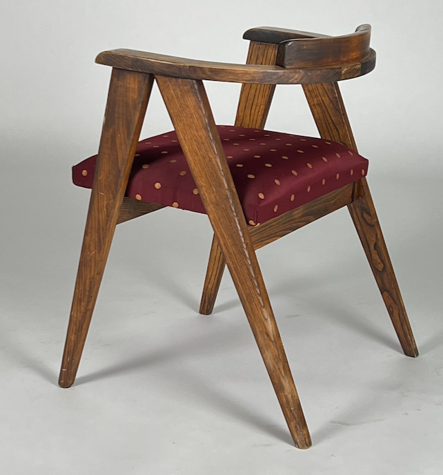 Vintage wood chair with burgundy and gold upholstery