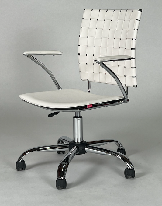 White rolling desk chair with woven leather back
