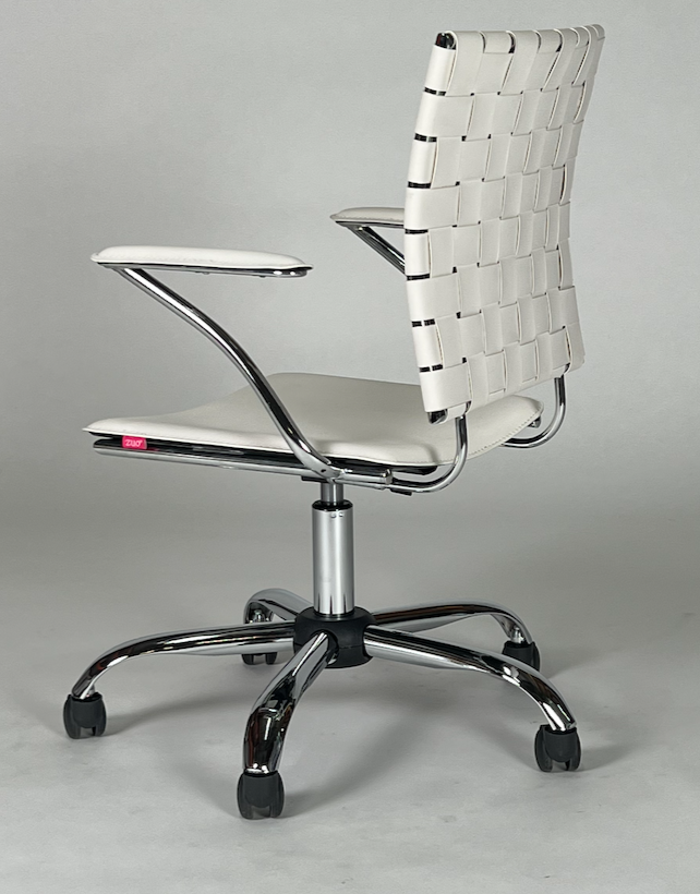 White rolling desk chair with woven leather back