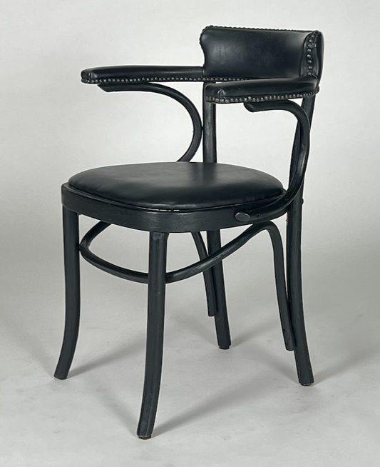 Black leather, black wood round back frame chair with nailheads