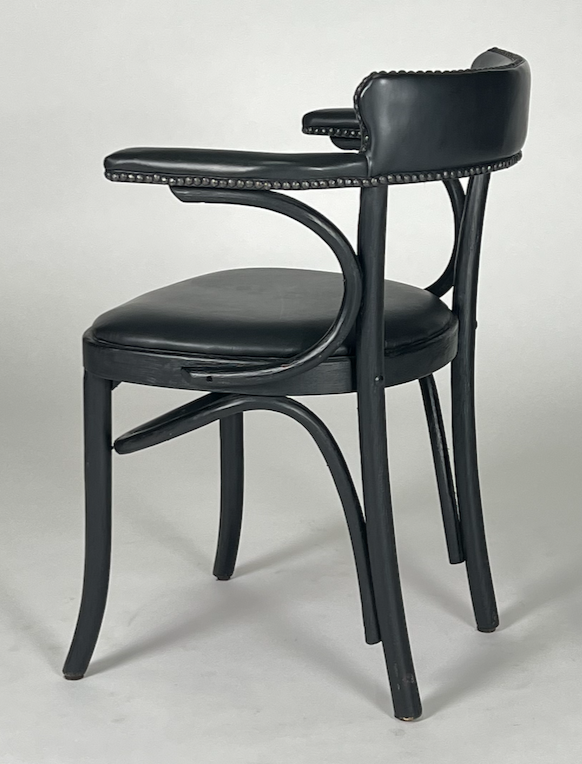Black leather, black wood round back frame chair with nailheads