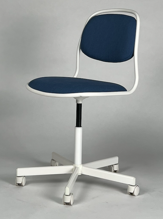 Blue upholstery, white frame, rolling desk chair