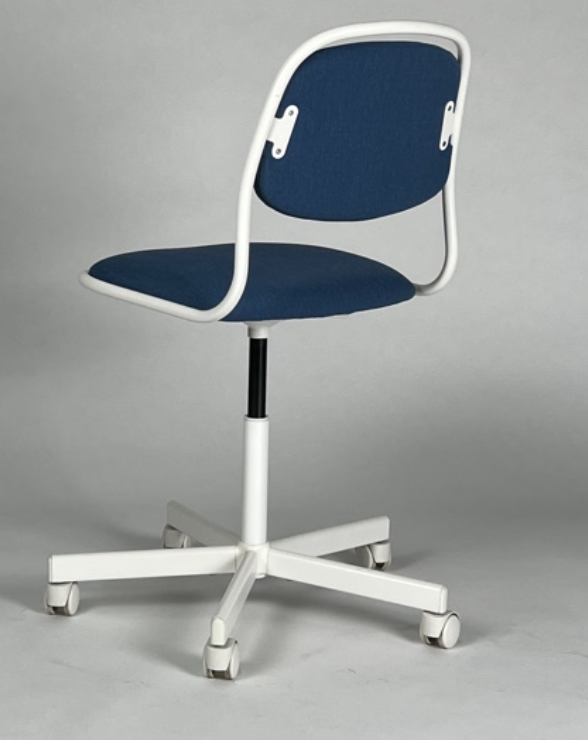 Blue upholstery, white frame, rolling desk chair