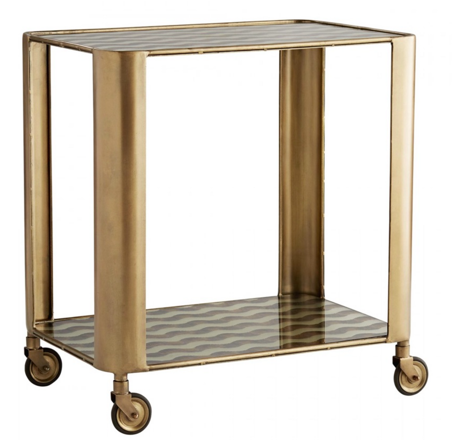 Antique brass finish bar cart with wheels, 2 tiers of wavy patterned antique mirrored glass