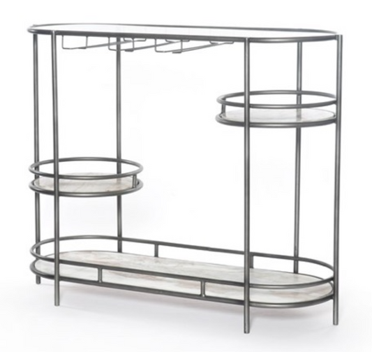 Bar cart with staggered marble and glass shelving, iron framework