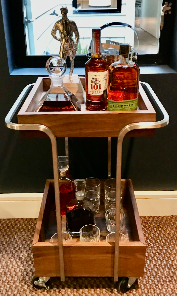 Wood and chrome rolling bar cart