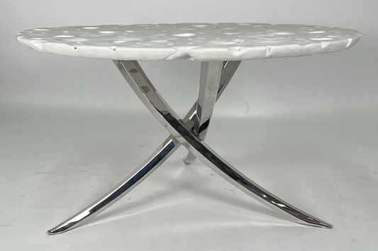Round white Swiss cheese moon table with chrome 3 legged base