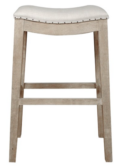 White washed wood bar stool with linen seat, nailhead trim