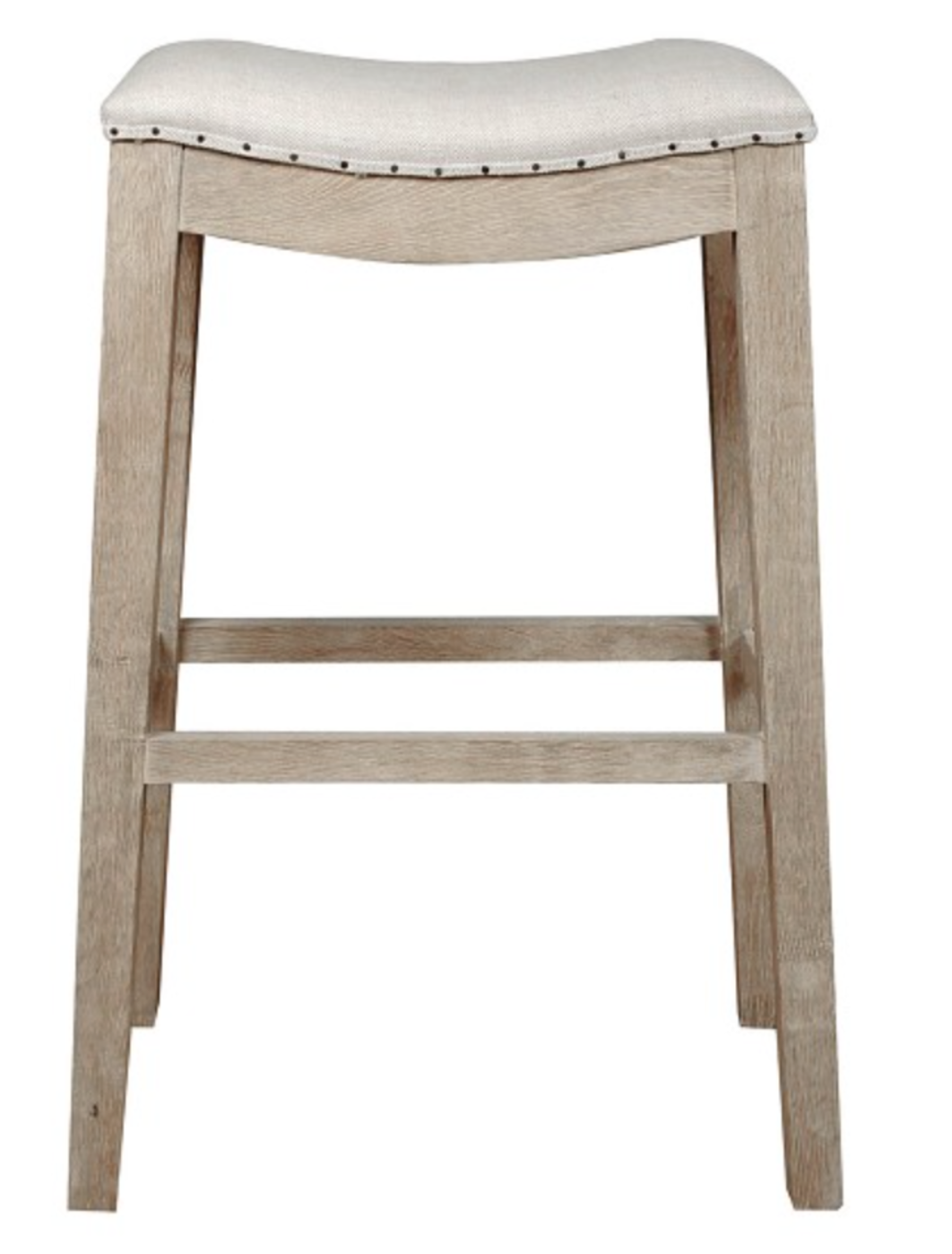 White washed wood bar stool with linen seat, nailhead trim