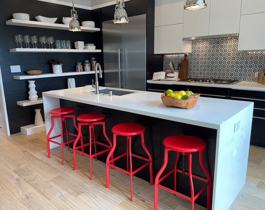 Red metal adjustable counter or bar stools
