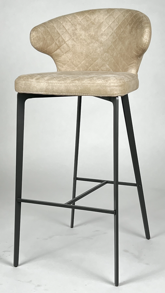 Bar stool with back, tan upholstery, dark metal legs