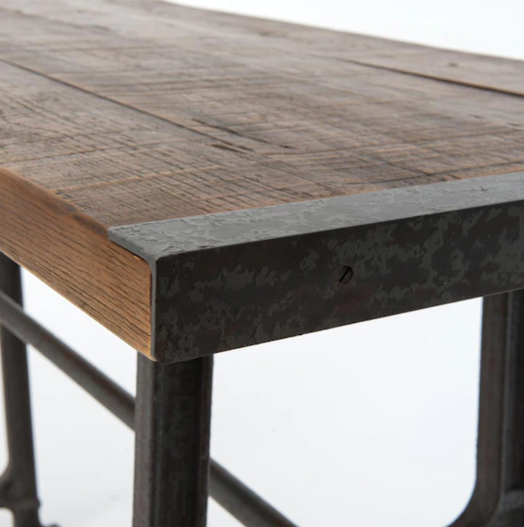 Pub table, distressed wood top, cast iron base