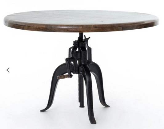 Round polished wood top dining table with cast iron crank industrial base