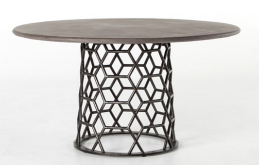 Round concrete top dining table with steel hex pattern caged base