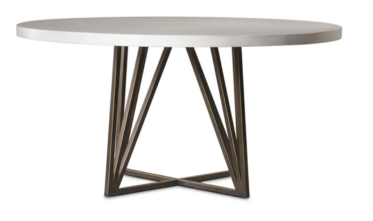 Pale gray concrete finished round top dining table, black steel base