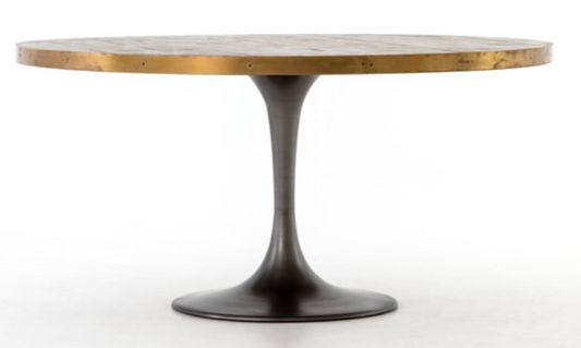 Round dining table, burnt oak top with brass band, black pedestal base