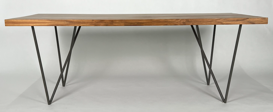 Acacia wood top, black metal angular legs, dining table