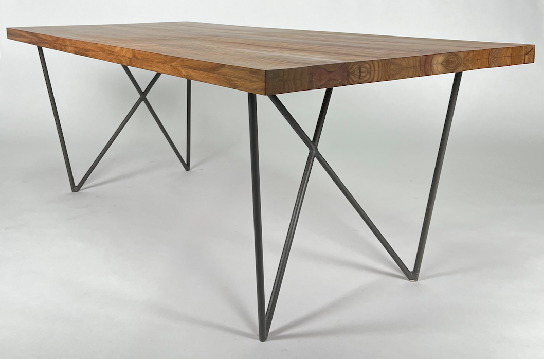 Acacia wood top, black metal angular legs, dining table
