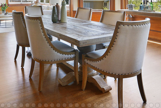 Distressed weathered oak heavy trestle base dining table
