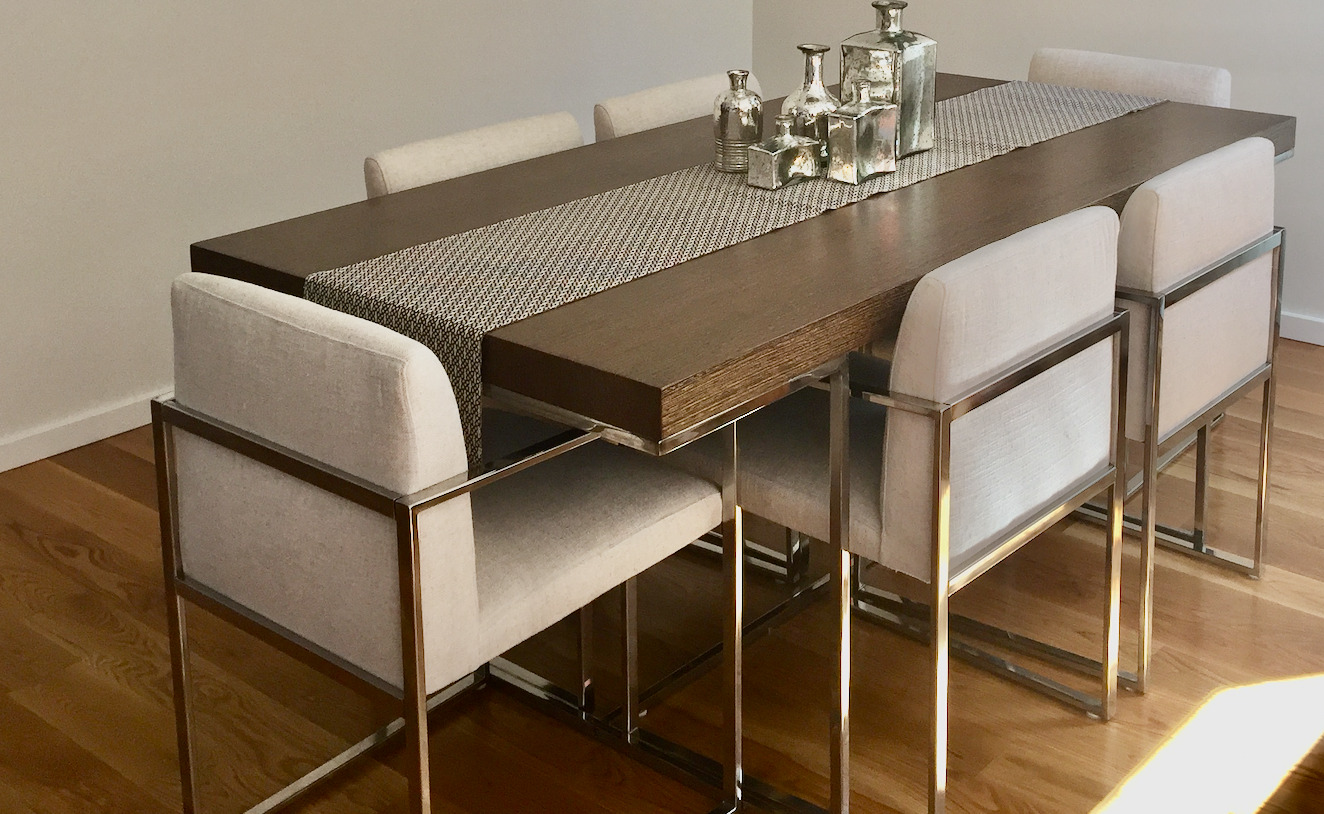 Dark wood ombre top rectangular dining table with chrome base