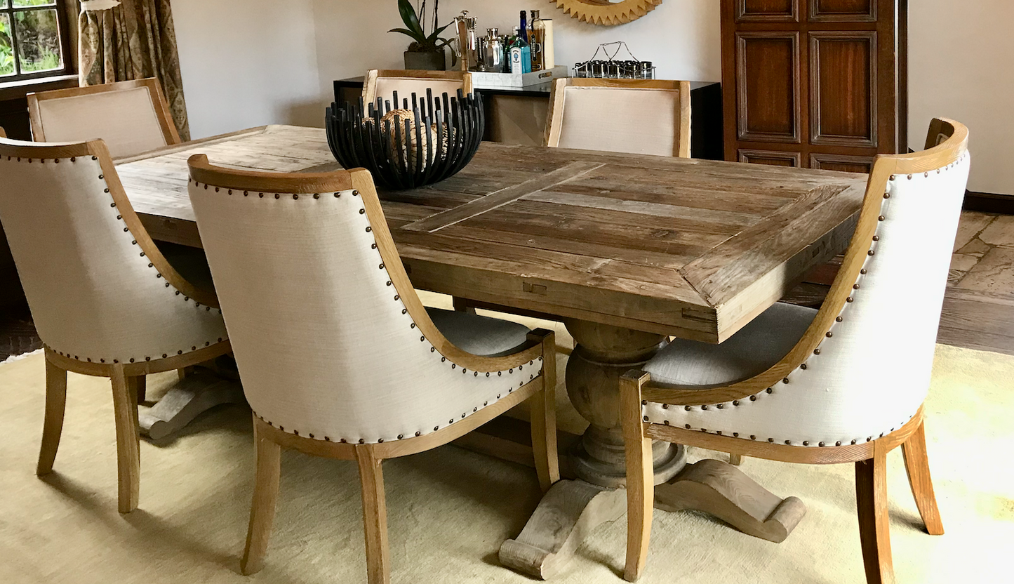 Distressed weathered oak heavy trestle base dining table