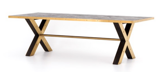 Brass X-base rectangular dining table with black oak veneer parquet pattern top
