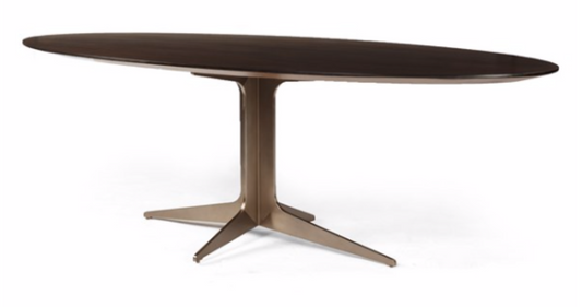Polished dark wood oval dining table with bronzed pedestal base
