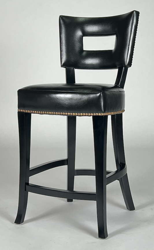 Counter stool with back in black leather, nailhead trim