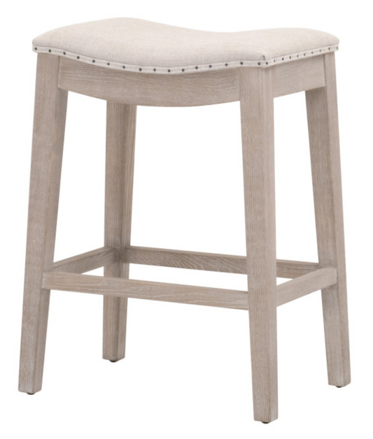White washed wood counter stool with linen seat, nailhead trim