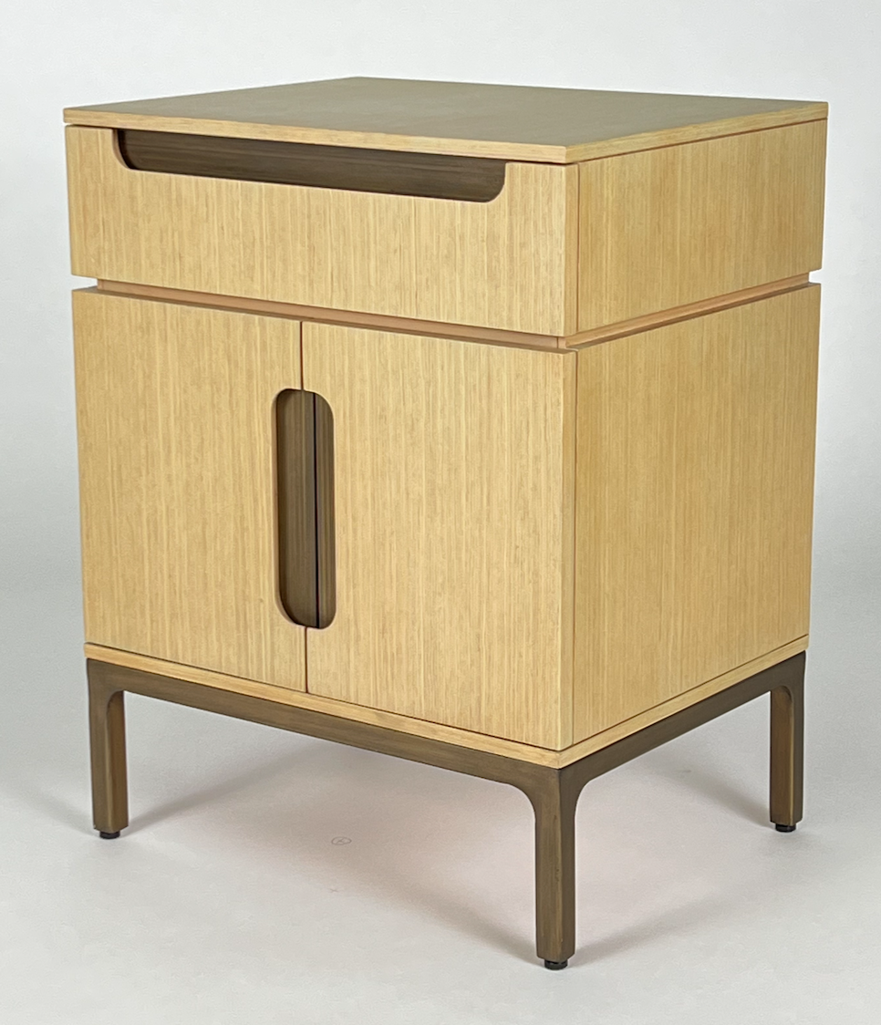 Blonde night stand with brass base, cut out details