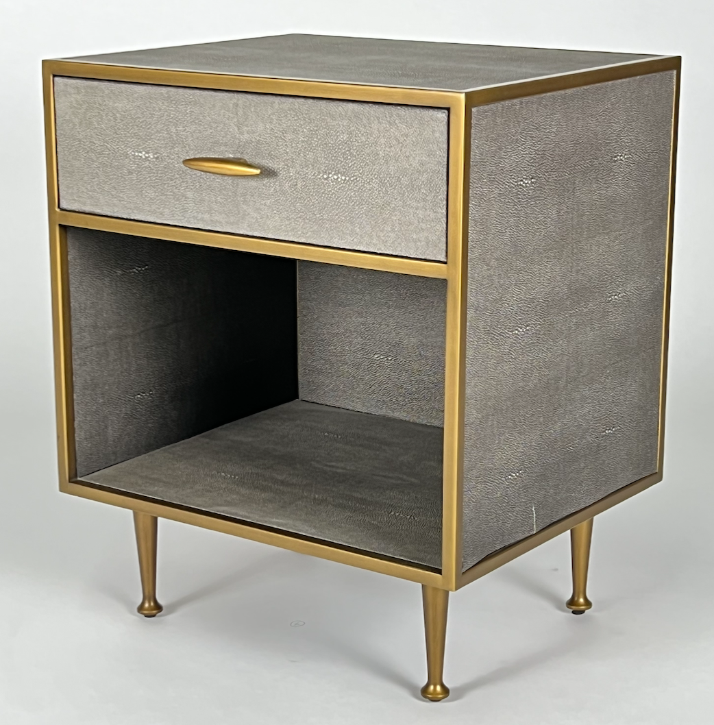 Gray shagreen night stand with brass legs and hardware