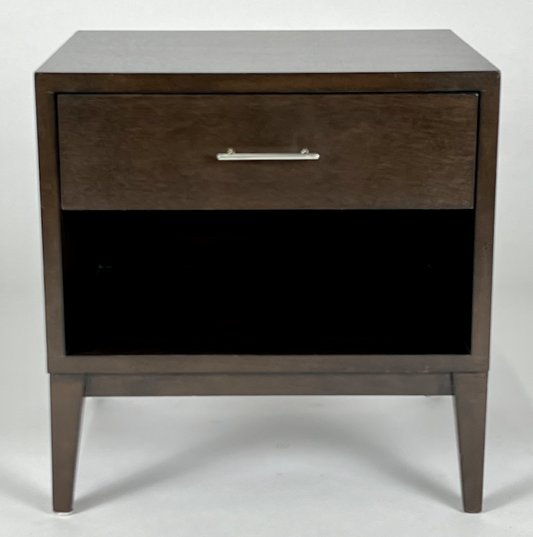 Dark brown wood night stand with tapered legs
