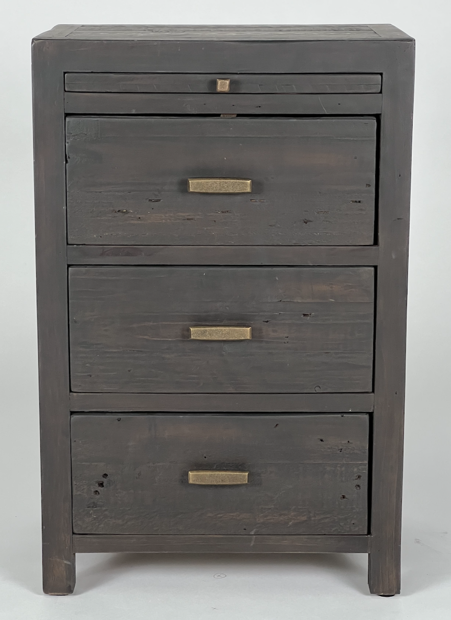 Brown distressed wood night stand with brass hardware