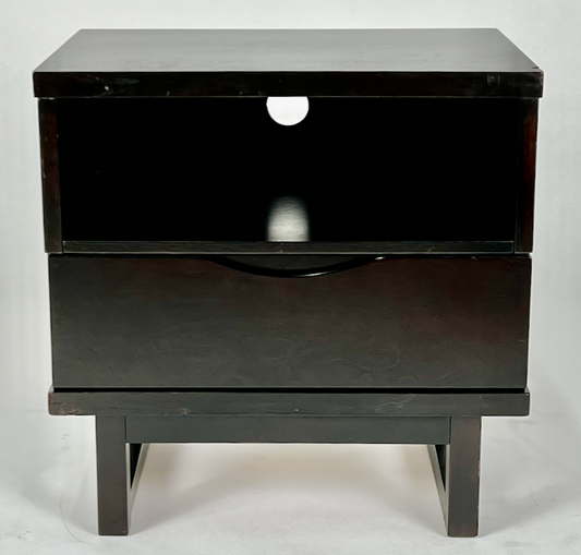 Black night stand with U-shaped legs, open cubby & one drawer