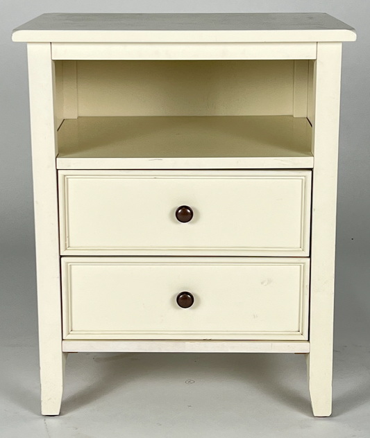 White night stand with two drawers and an open cubby