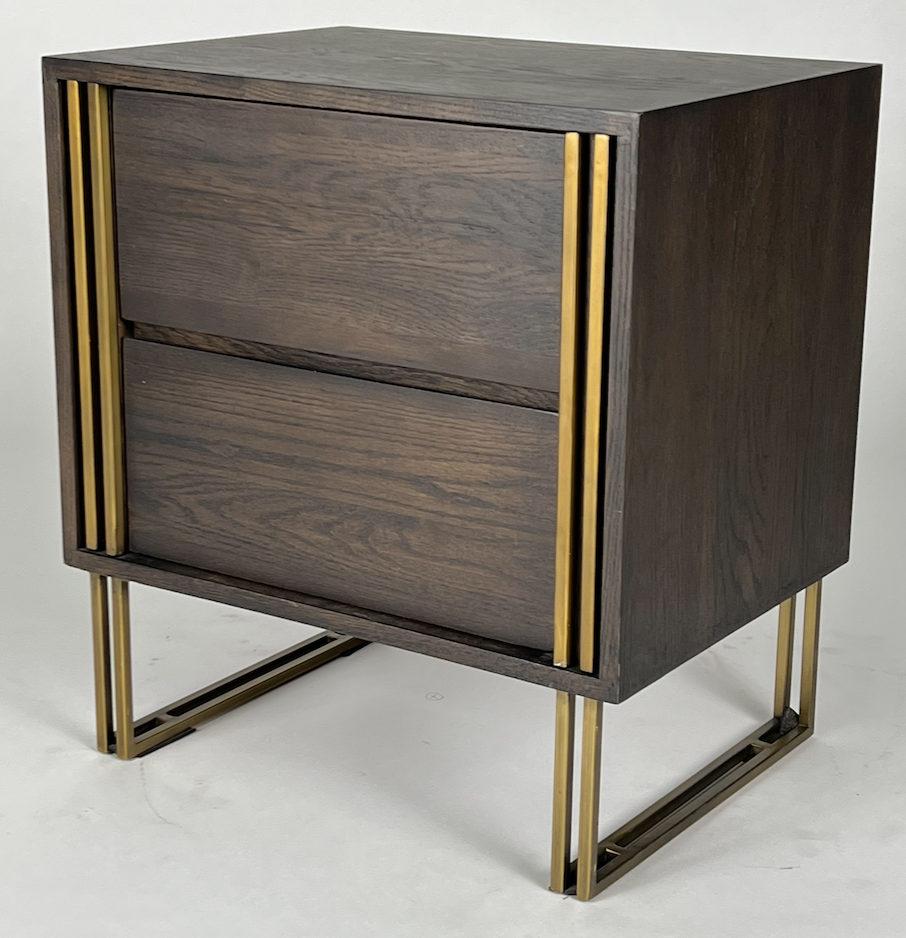 Dark brown two drawer night stand with double brass legs and detailing