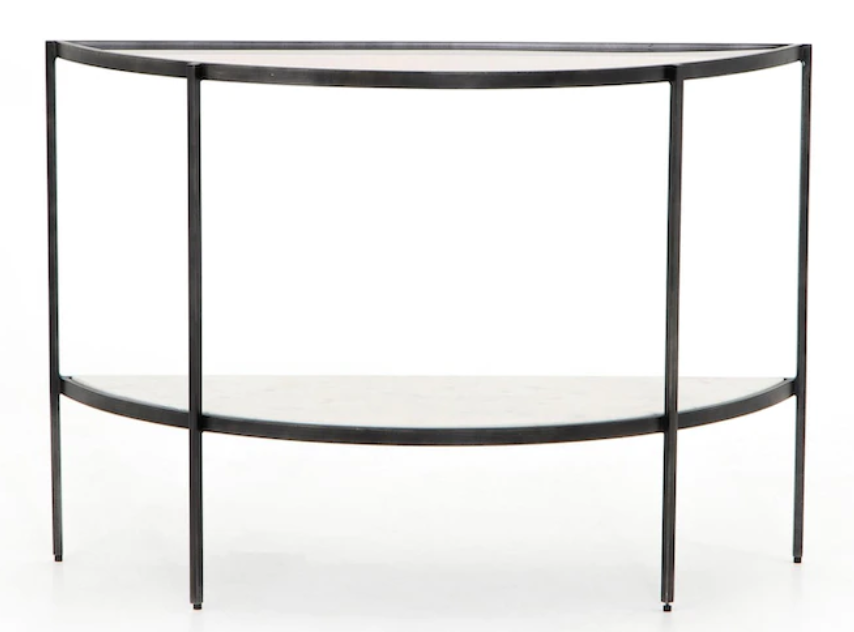 Gray smoke glass demi lune console with white marble base