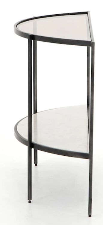 Gray smoke glass demi lune console with white marble base