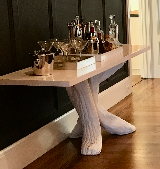 White resin cast stump base, gloss white top, console table