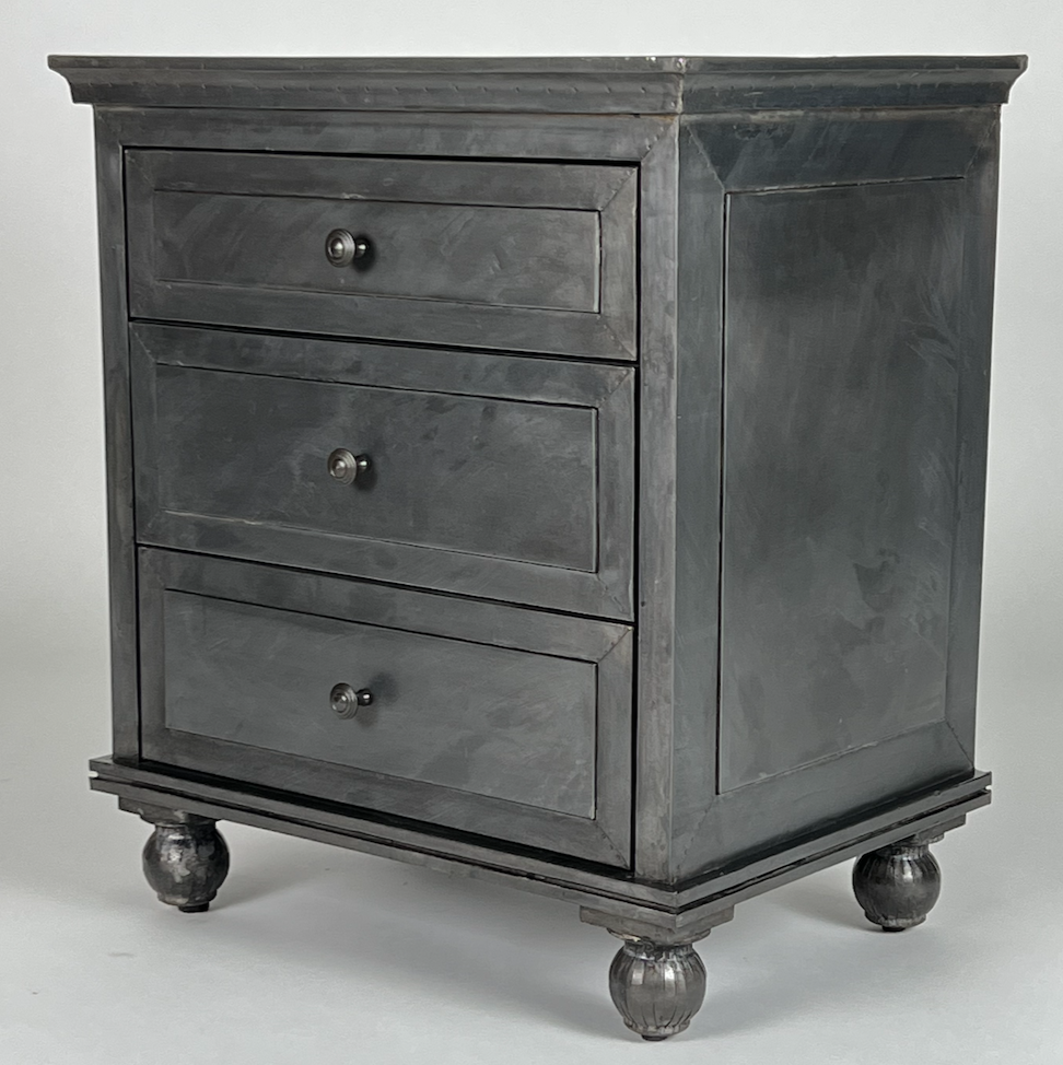 Zinc clad night stand with 3 drawers