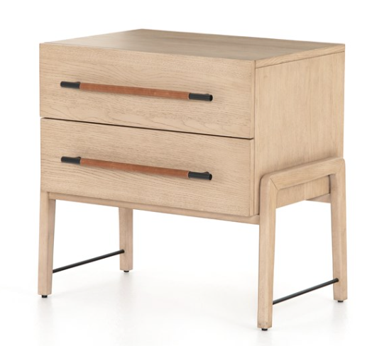 Light oak 2 drawer night stand with leather wrapped handles