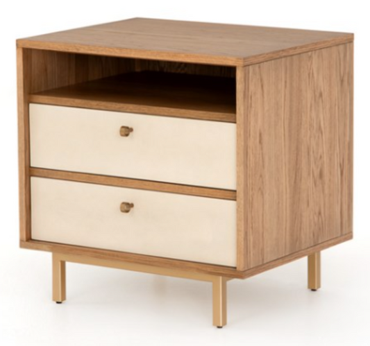 Light wood with faux cream shagreen drawers, brass hardware