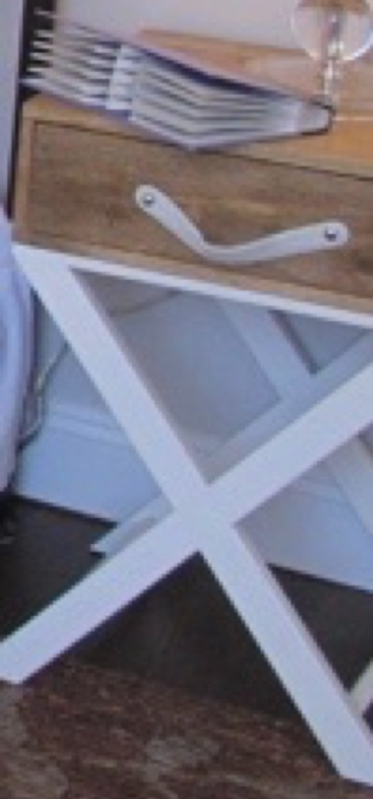 Small nightstand, white metal X-base, wood drawer