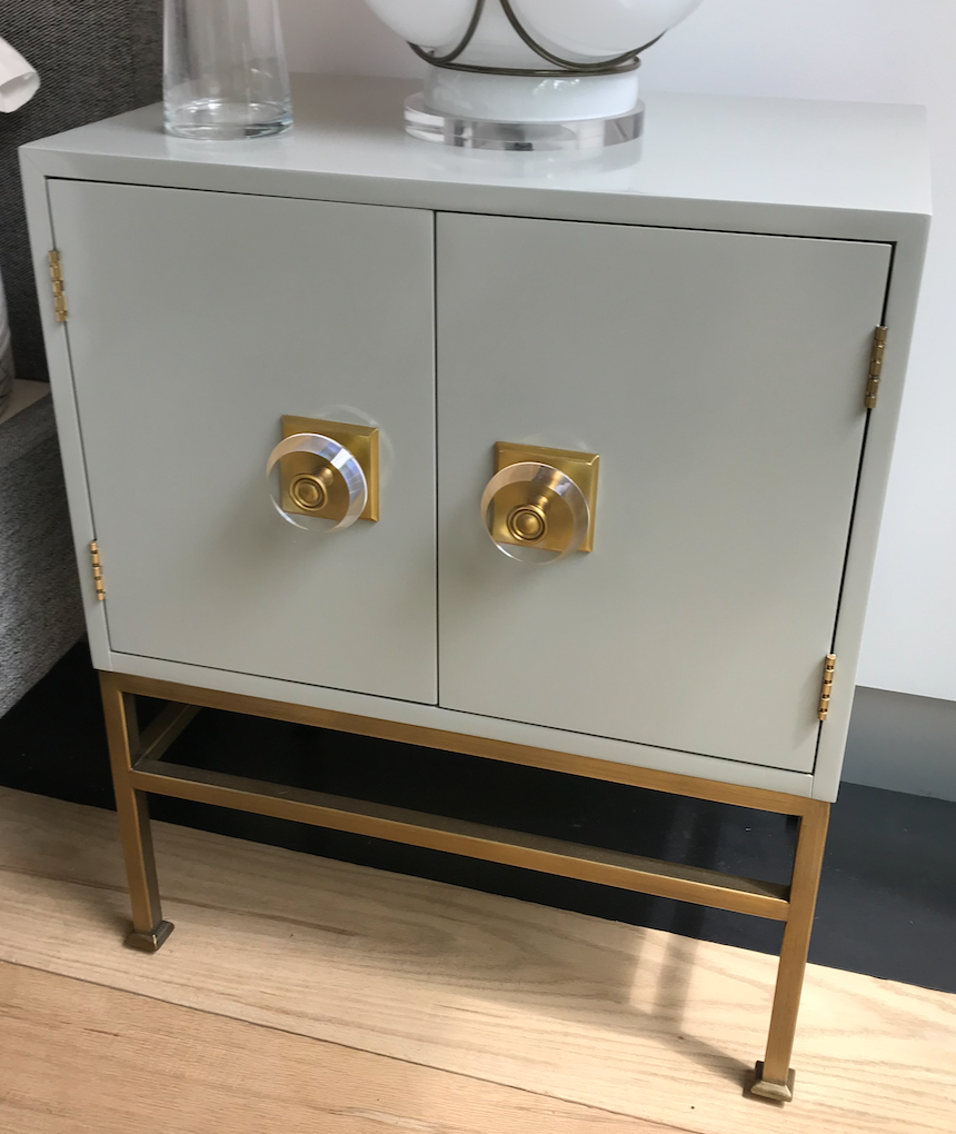 Gray green lacquer night stand with brass & lucite accents