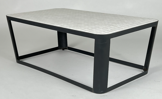 Outdoor coffee table, black metal, white mosaic stone top