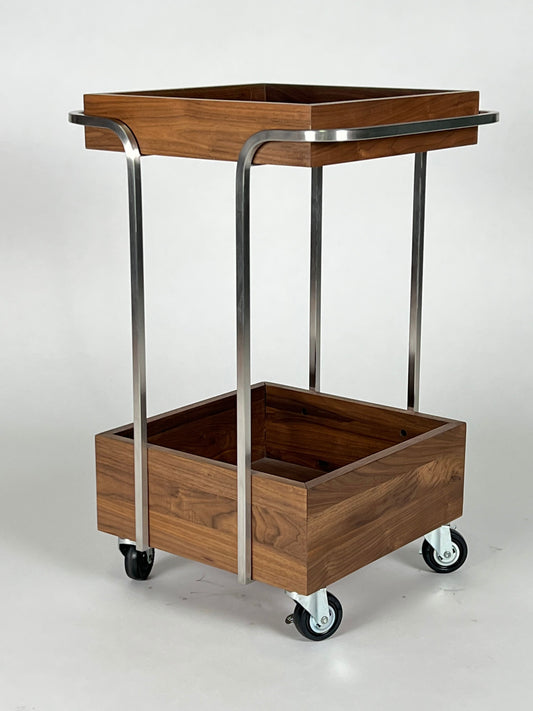 Wood and chrome rolling bar cart